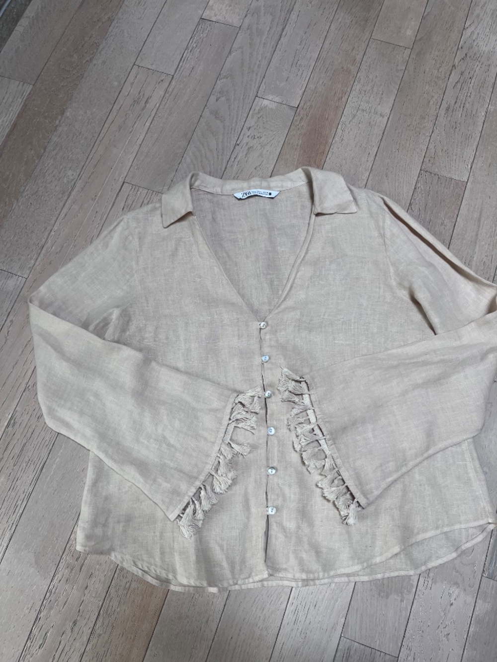 Zara Women's Cream and Tan Med Blouse Linen - Tassel Bell Sleeve Top
